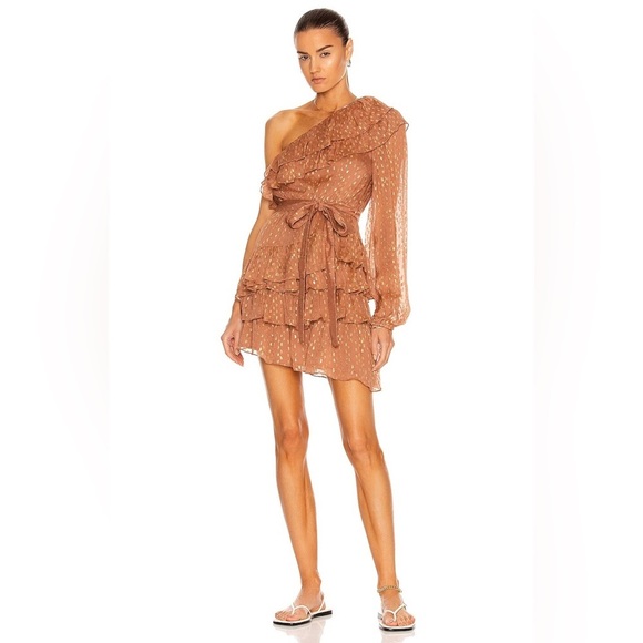 New! Rocco Sand Aine One Shoulder Belted Mini Dress ✨ Medium NWT! - Picture 6 of 16